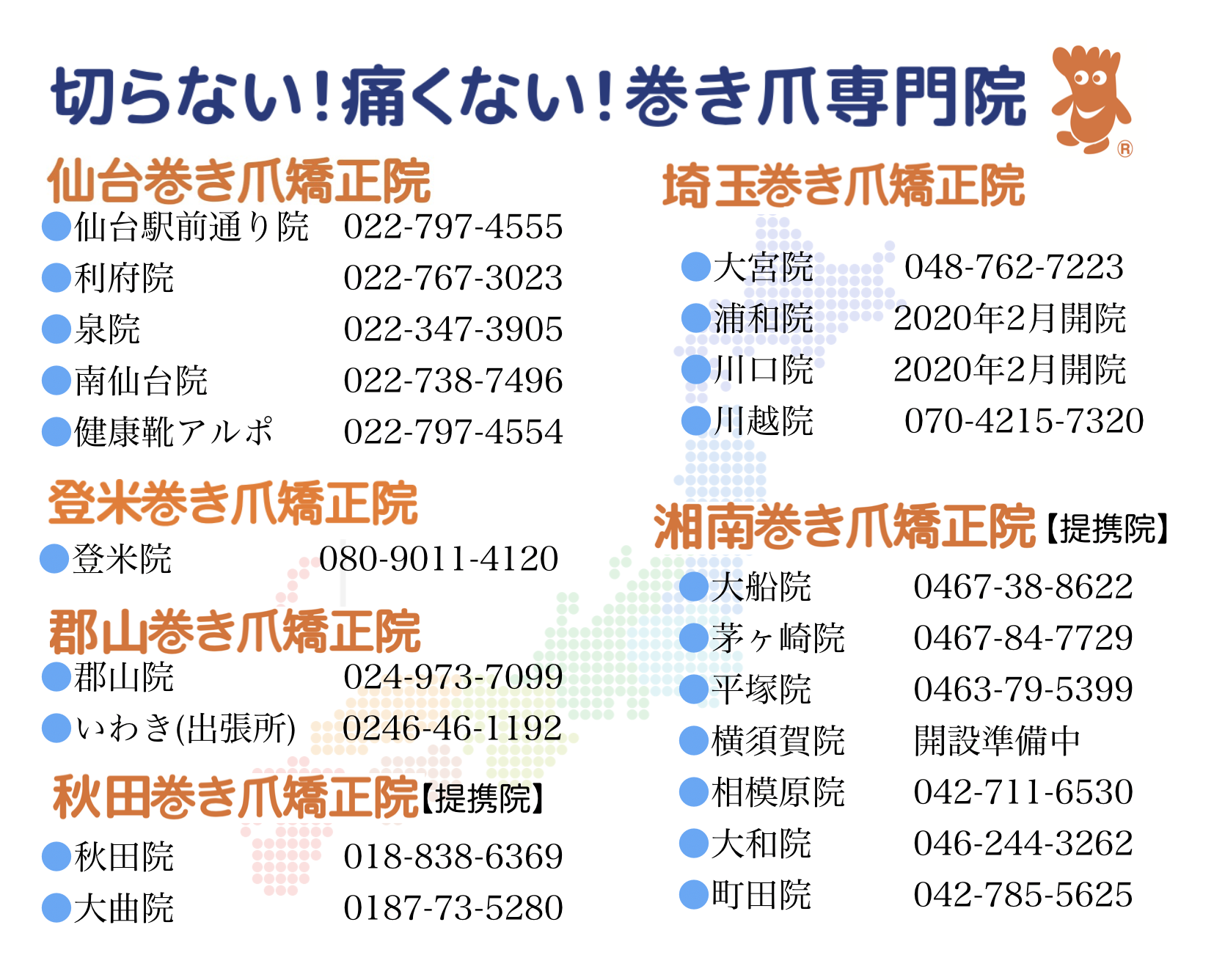 日本一の切らない!痛くない!巻き爪専門院グループ 2020.1月時点